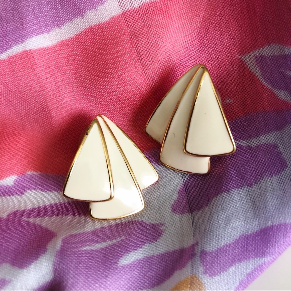 Vintage Retro Cream and Gold Geo Enamel Earrings